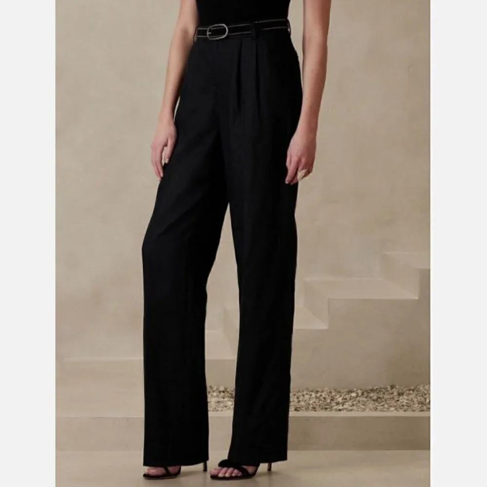 Banana Republic High-Rise Palma Straight Size 4 Black 100% Linen Pants RT$140